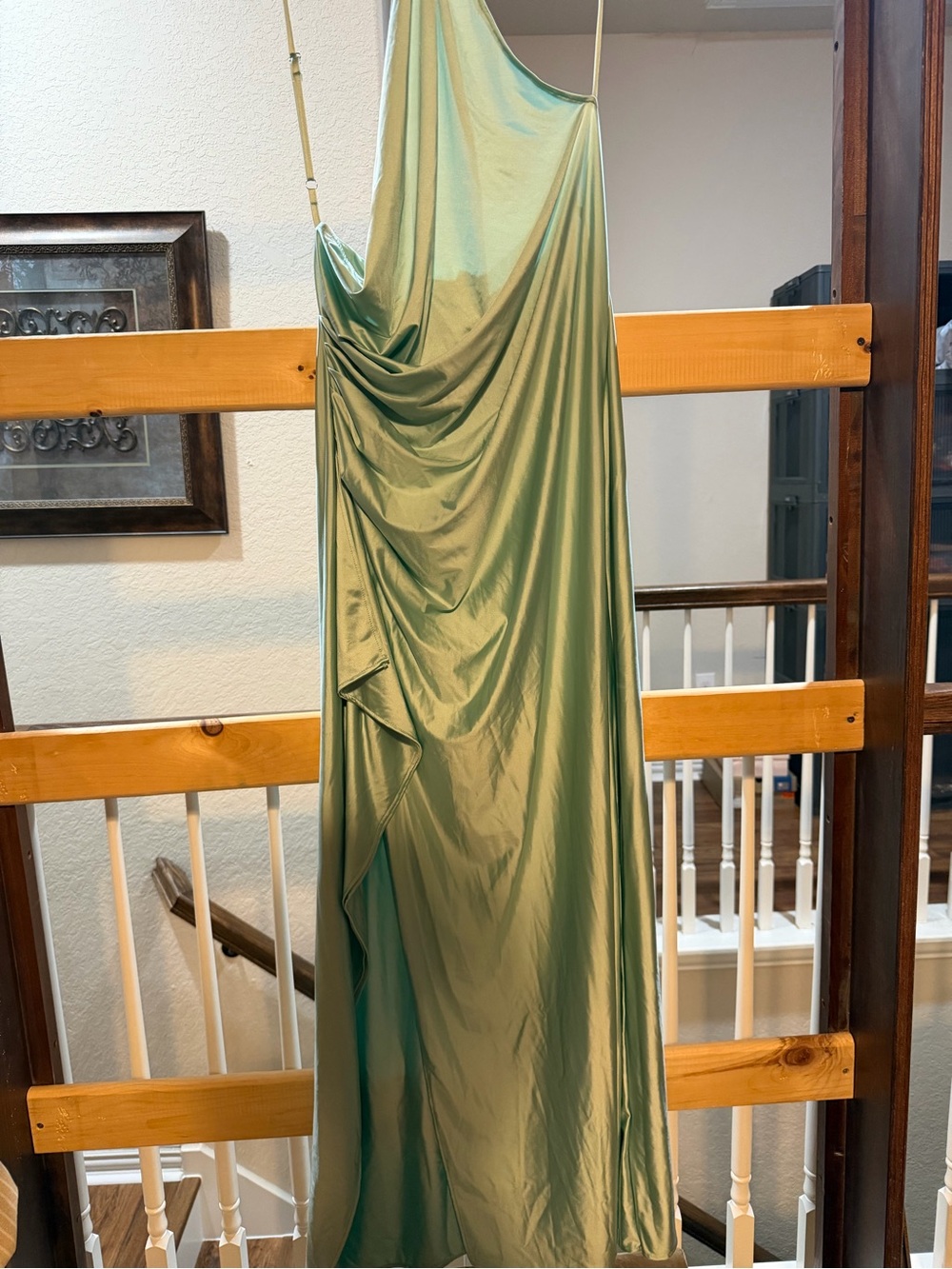 Elegant One-Shoulder Ruched Satin Maxi Dress in Sage Green - Picture 3 of 5